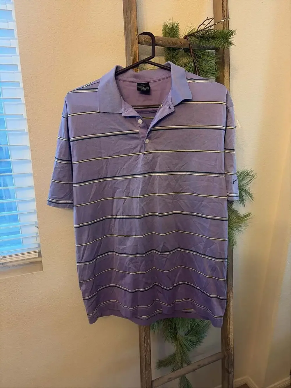 Nike Men's Purple and Multi-Stripe Short Sleeve Cotton Polo Shirt large